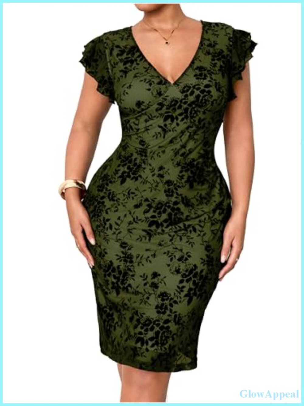 Plus Size Cocktail Party Bodycon Dress V Neck Ruffle Cap Sleeve Wedding Guest